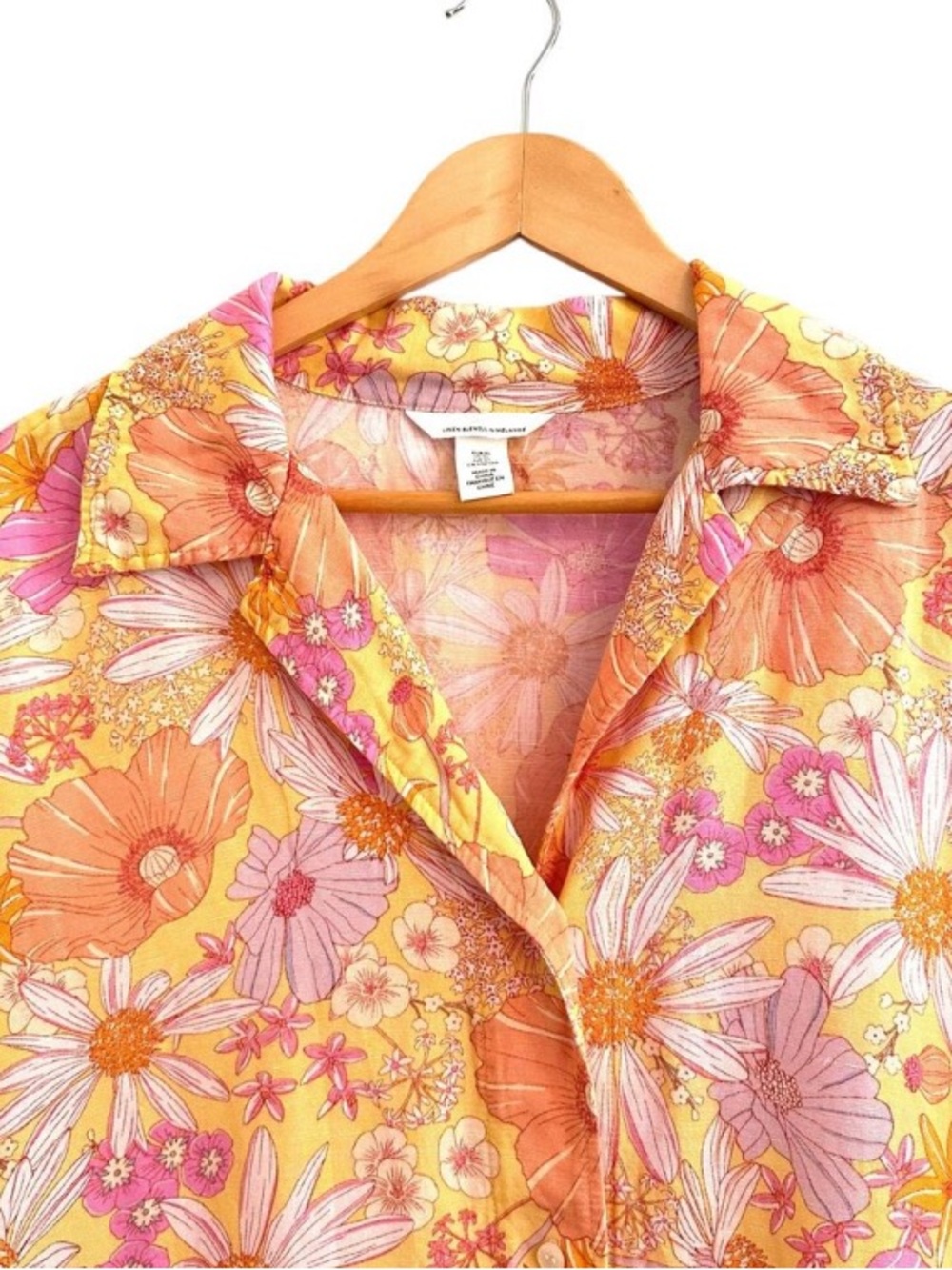 H&M Linen Blend Oversized Short Sleeve Button Down Shirt XL Daisy Poppy Floral